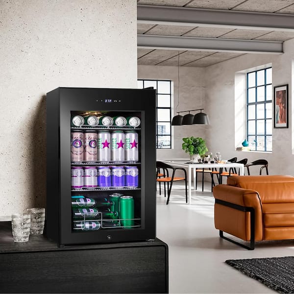 Hooure 17 in. Single Zone Freestanding 101-Cans Black Stainless Steel Beverage Cooler with Adjustable Removable Shelves