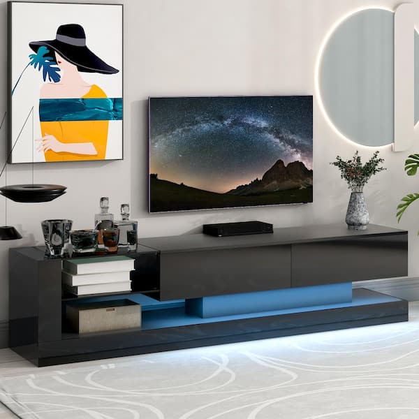 Harper & Bright Designs 70.8 in. W Black TV Stand with 2-Media Storage Cabinets Fits TV's up to 75 in. with 16-color RGB LED Lights