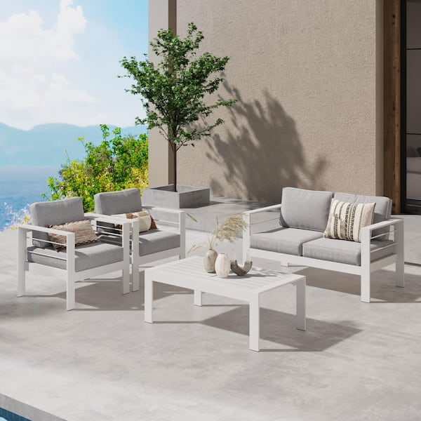 SUNVIVI White 4-Piece Aluminum Patio Conversation Set with Light Grey Cushions