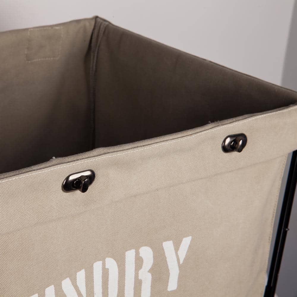Beige Canvas Collapsible Laundry Hamper with Wheels and Iron Frame