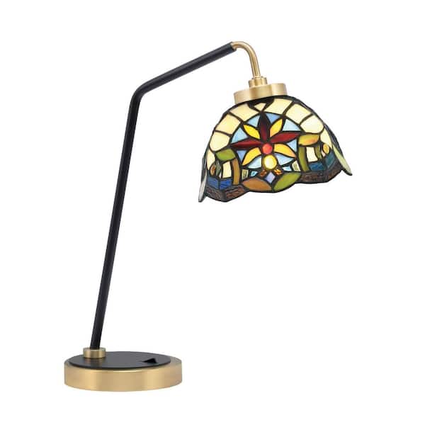 Unbranded Delgado 16.5 in. Matte Black & New Age Brass Desk Lamp with Earth Star Art Glass