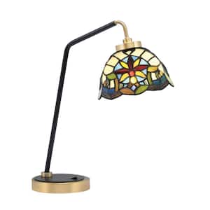 Delgado 16.5 in. Matte Black & New Age Brass Desk Lamp with Earth Star Art Glass