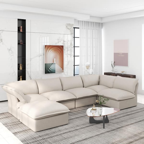 Magic Home 163 in. Flared Arm 6-Piece Linen U-shaped Overstuffed Deep Seat Sectional Sofa Cloud Couch with Storage Ottoman in Beige