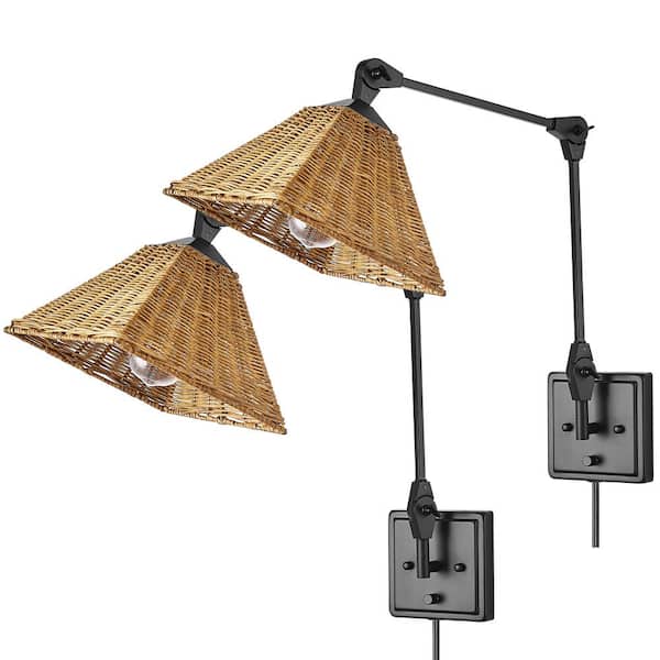 MLiAN Black Base Adjustable Swing Arm Wall Sconce with Dark Brwon Rattan Shades (set of 2)