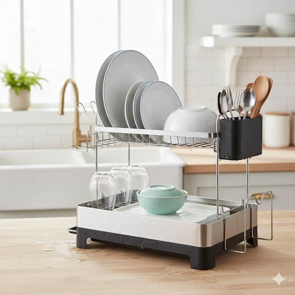 Black 2 Tier Stainless Steel Extra Large Multifunctional Dish Drying Rack with Extendable Drain Spout Dish Rack