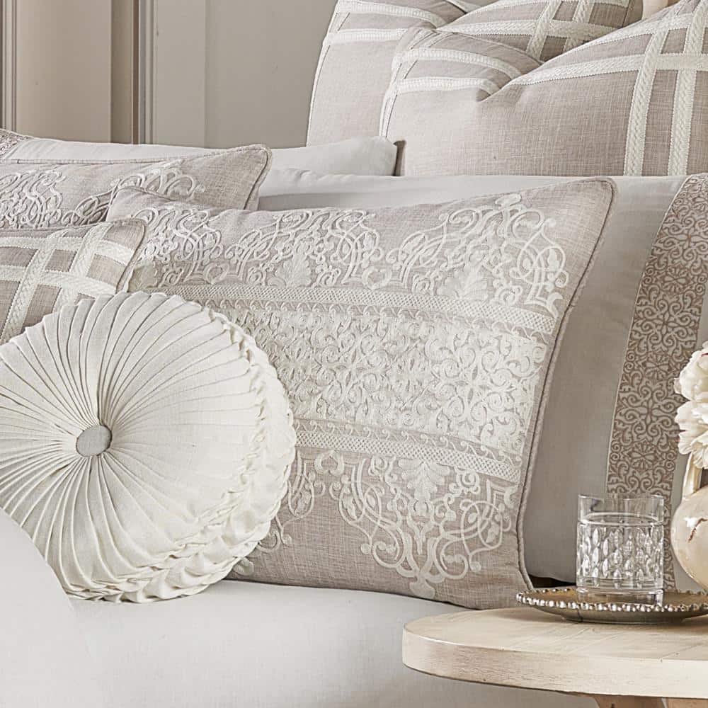 Beige Embroidered Damask 20" Square Throw Pillow