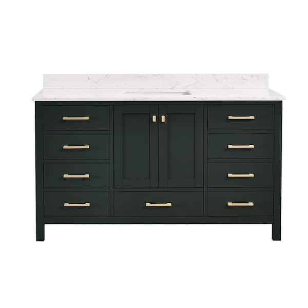StarrySky 60 in. Undermount Single Sink Freestanding Bath Vanity in Green with White Engineered Stone Top