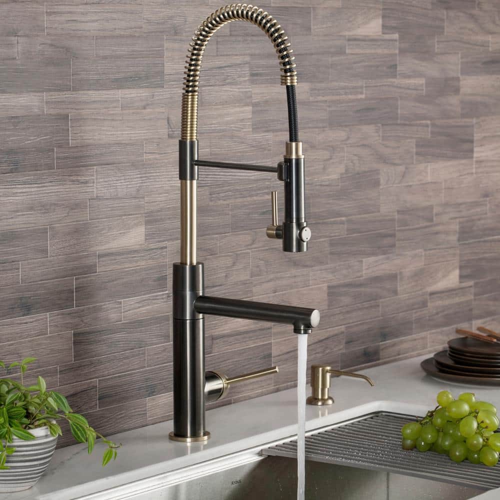 Black Stainless Steel and Brushed Gold Commercial Kitchen Faucet with Pull-Out Spray
