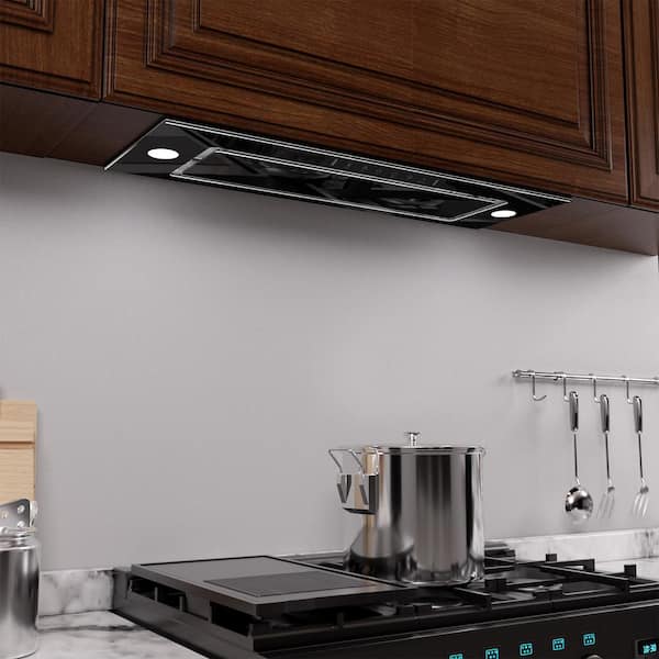 28 in. 900 CFM Convertible Ducted to Ductless Insert Range Hood in Stainless Steel and Black Glass with Gesture Control