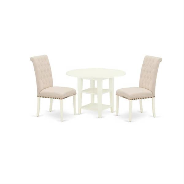 East West Furniture 3-Piece Linen White Finish Round Solid Wood Top With Dropleaf Dining Table Set