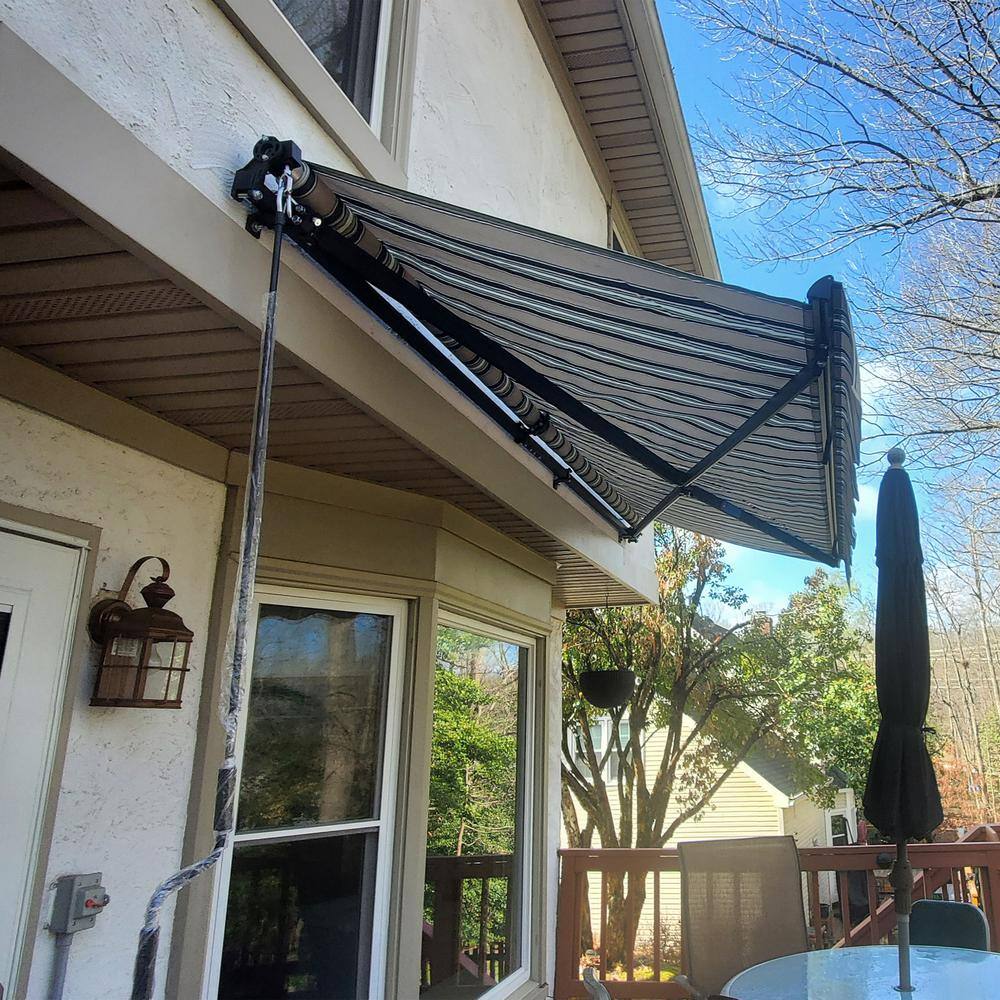 Gray and White Striped Motorized Retractable Patio Awning with Black Frame