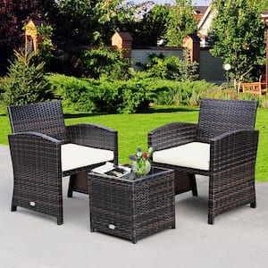 3-Piece Wicker Patio Conversation Set with White Cushions Sofa Coffee Table