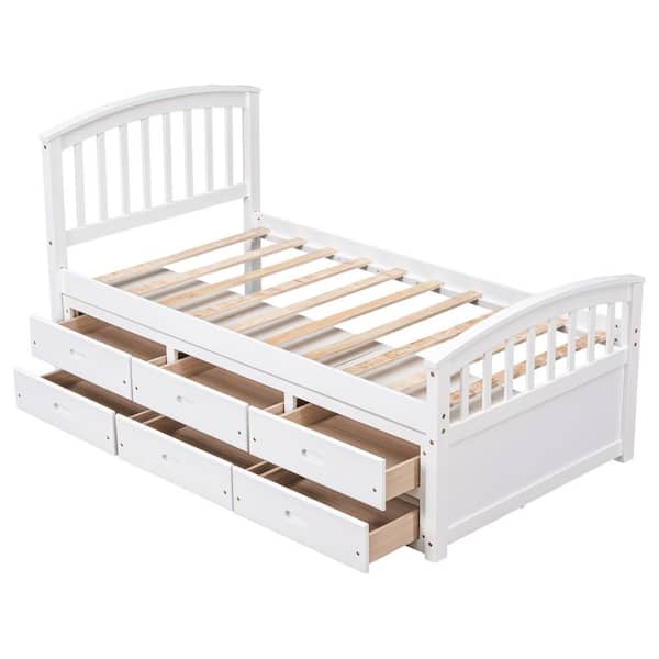 White Pine Wood Frame Twin Size Storage Platform Bed with 6 Drawers