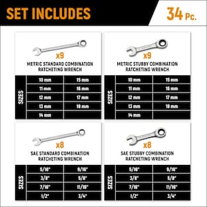 SAE/Metric 72-Tooth Standard and Stubby Combination Ratcheting Wrench Set (34-Piece)
