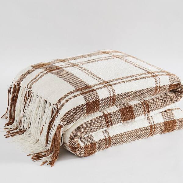 Weave fake for fur top blanket Plaid bedspread overlay with satin brown 2.15 x1.10 meters made of jab fabrics