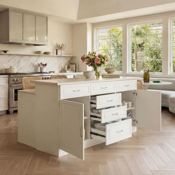 White Wood 78.7 in. Kitchen Island with 9 Drawers, 2 Cabinets, 4 Interior Shelves, Double Table Top, USB Power Outlet