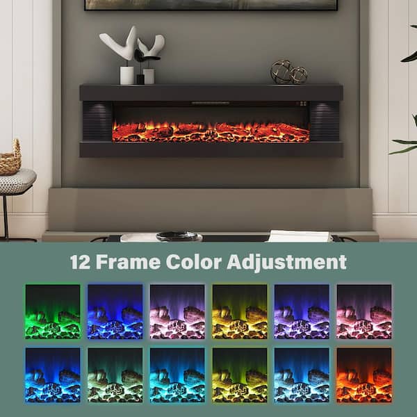 3-Sided 60 in. Wall Mount Electric Fireplace with 12 Flame Color, LED Side Light and Remote Control in Black
