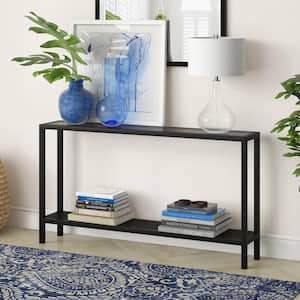 Rigan 55 in. Blackened Bronze/Clear Standard Rectangle Glass Console Table with Storage