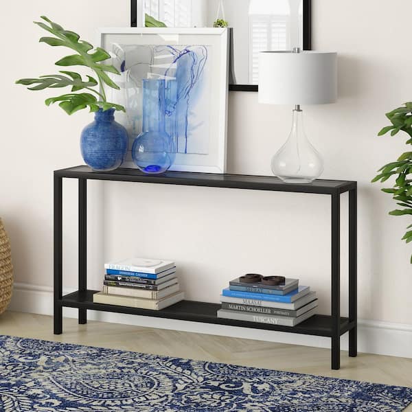 Meyer&Cross Rigan 55 in. Blackened Bronze/Clear Standard Rectangle Glass Console Table with Storage
