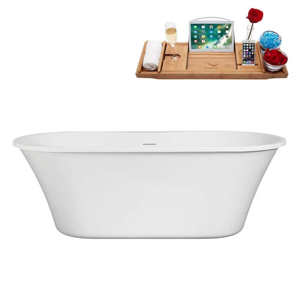 Streamline 66 in. x 29 in. Acrylic Freestanding Soaking Bathtub in Glossy White With Matte Oil Rubbed Bronze Drain, Bamboo Tray