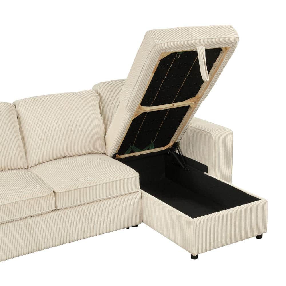 Beige Corduroy Sectional Sofa with Storage and Ottoman