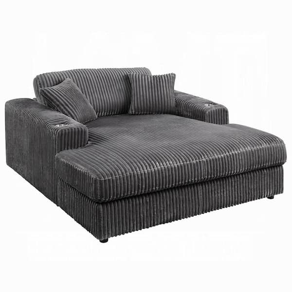 Liny Gray and Black Velvet Corduroy Chaise Lounge with2-Pillows and 2-Cupholders