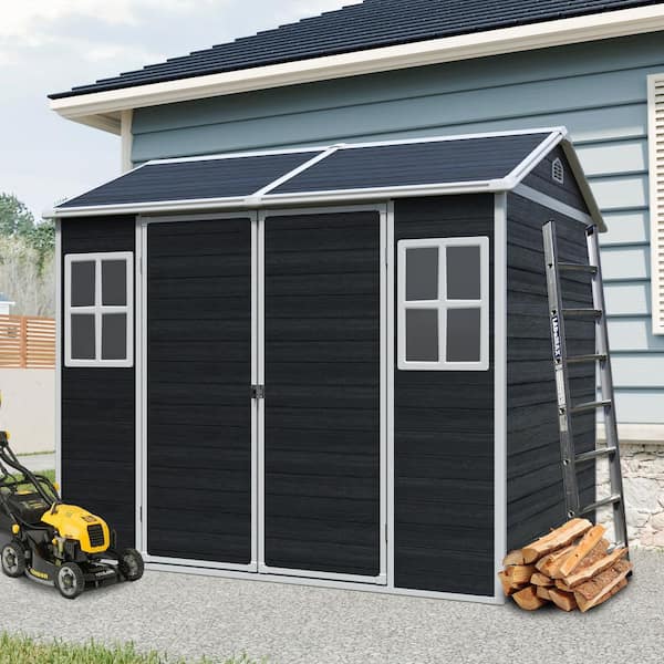 8 x 6 ft. Black Resin Outdoor Storage Shed with Floor, Windows and Lockable Door for Garden Backyard(45.18 sq. ft.)