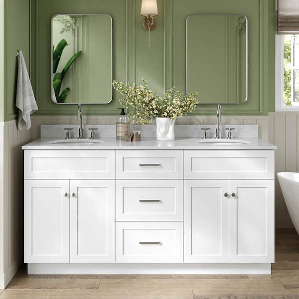 ARIEL Hamlet 67 in. W x 22 in. D x 35.25 Double Sink Freestanding Bath Vanity in White with Carrara White Marble Top