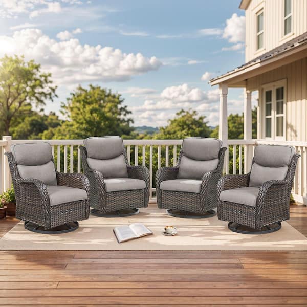 Luxury 4-Piece Brown Swivel Glider Wicker Outdoor Rocking Chair with Olefin Gray Cushions for Patio or Porch