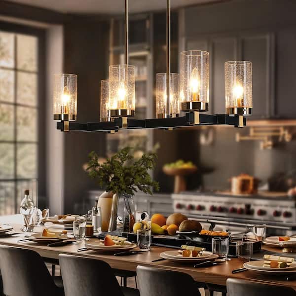 27 in. 6-Light Modern Black Chandelier, Farmhouse Chandelier with Seeded Glass Shade for Dining Room,Brass Pendant Light