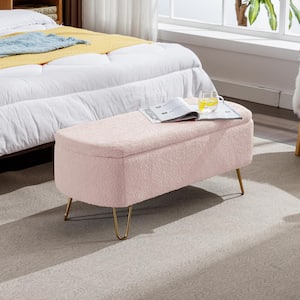 Modern 39.37 in. Pink Polyester Upholstered Storage Ottoman Bedroom Bench with Gold Legs Faux Fur Entryway Bench