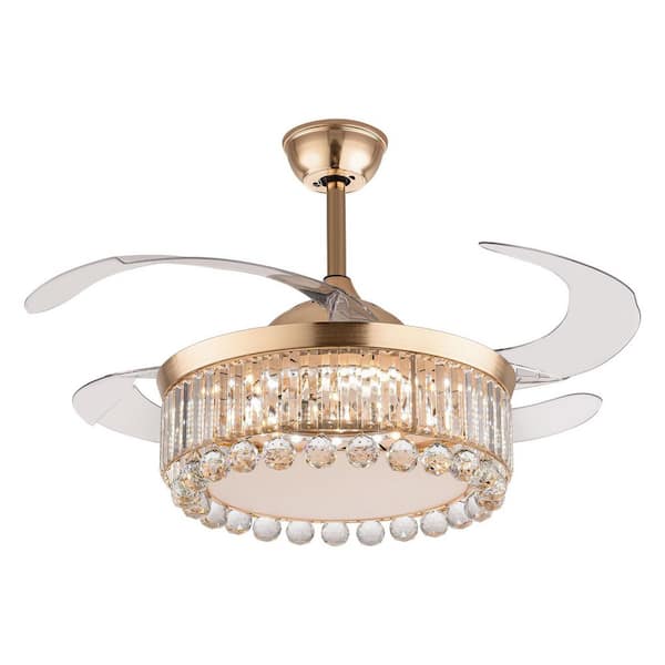 42 in. Indoor Gold Modern Crystal Retractable & Reversible 6-Speed Ceiling Fan with 3-Color Integrated LED and Remote
