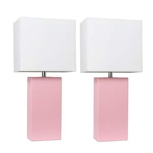 21 in. Modern Pink Leather Table Lamps with White Fabric Shades (2-Pack)
