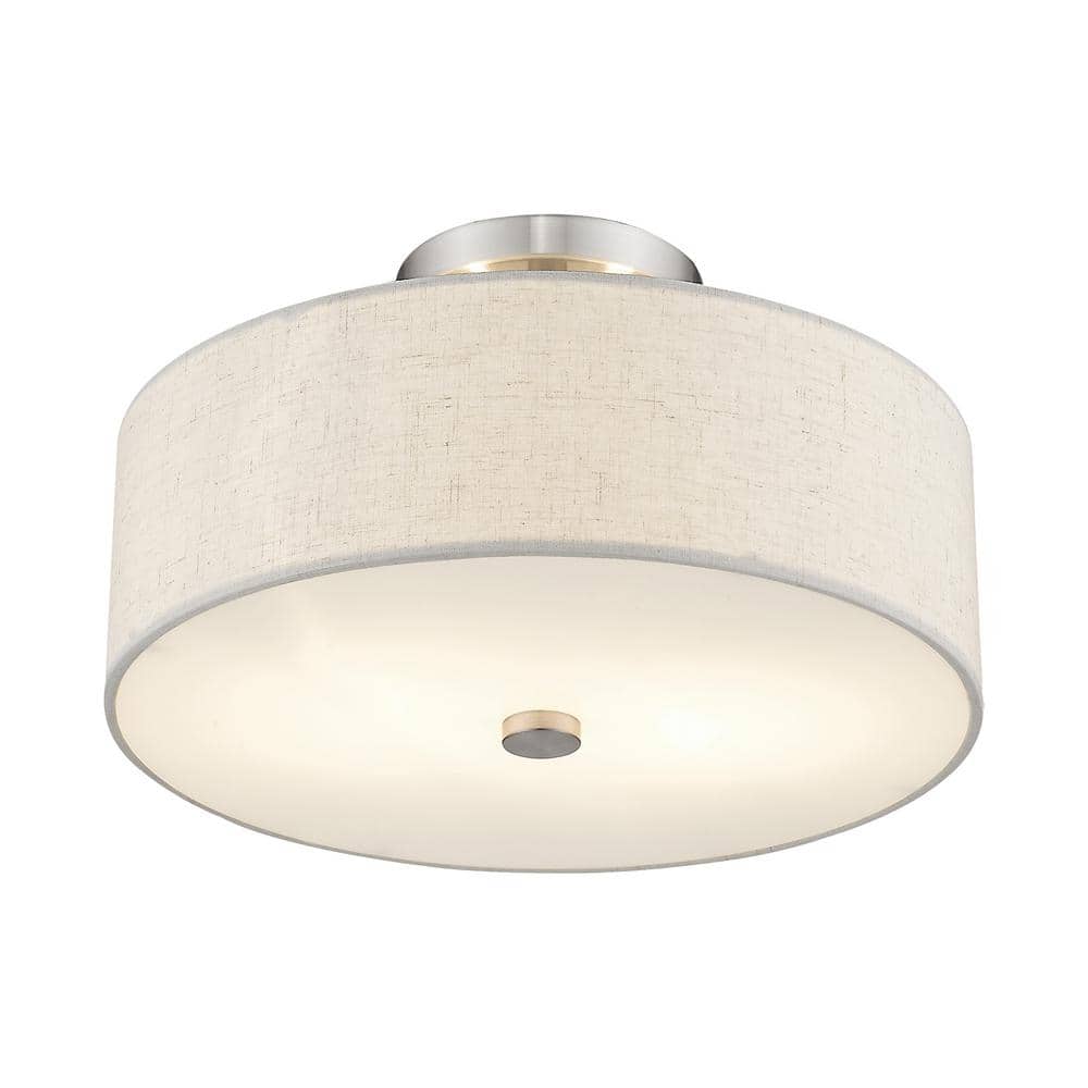 Elegant Meridian Brushed Nickel Drum Ceiling Light with Oatmeal Fabric Shade
