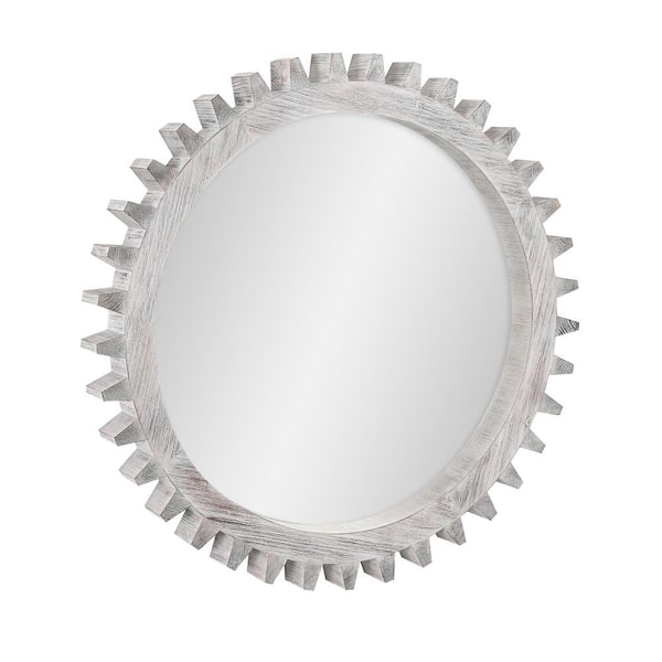 Unbranded 17 in. W x 17 in. H Round Gear Shape Framed Wall-Mounted Decorative Mirror in White Washed