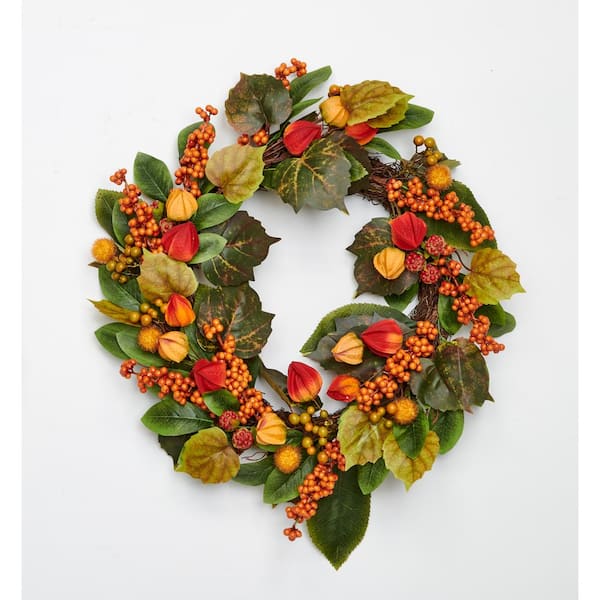 Unbranded 24 in. Fall Leaves and Lantern Fall Wreath