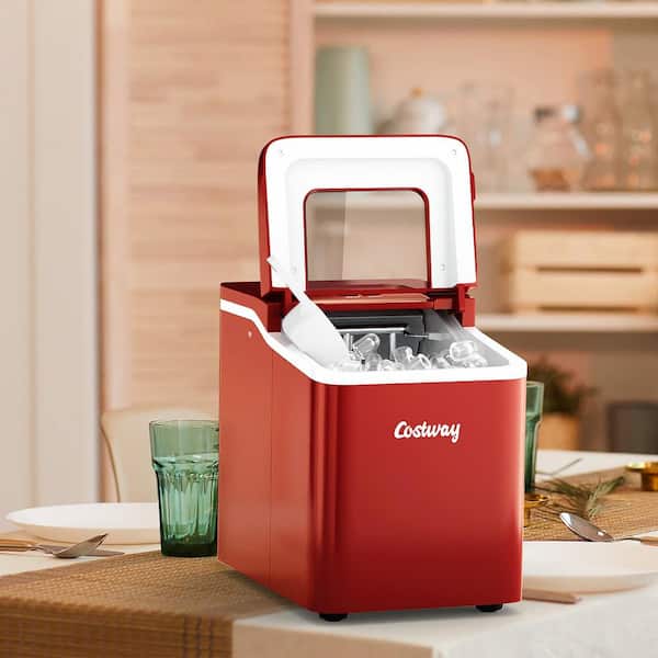 9 in. W 26 lbs./24-Hour Countertop Portable Ice Maker Self-cleaning wit-Hour Scoop in Red