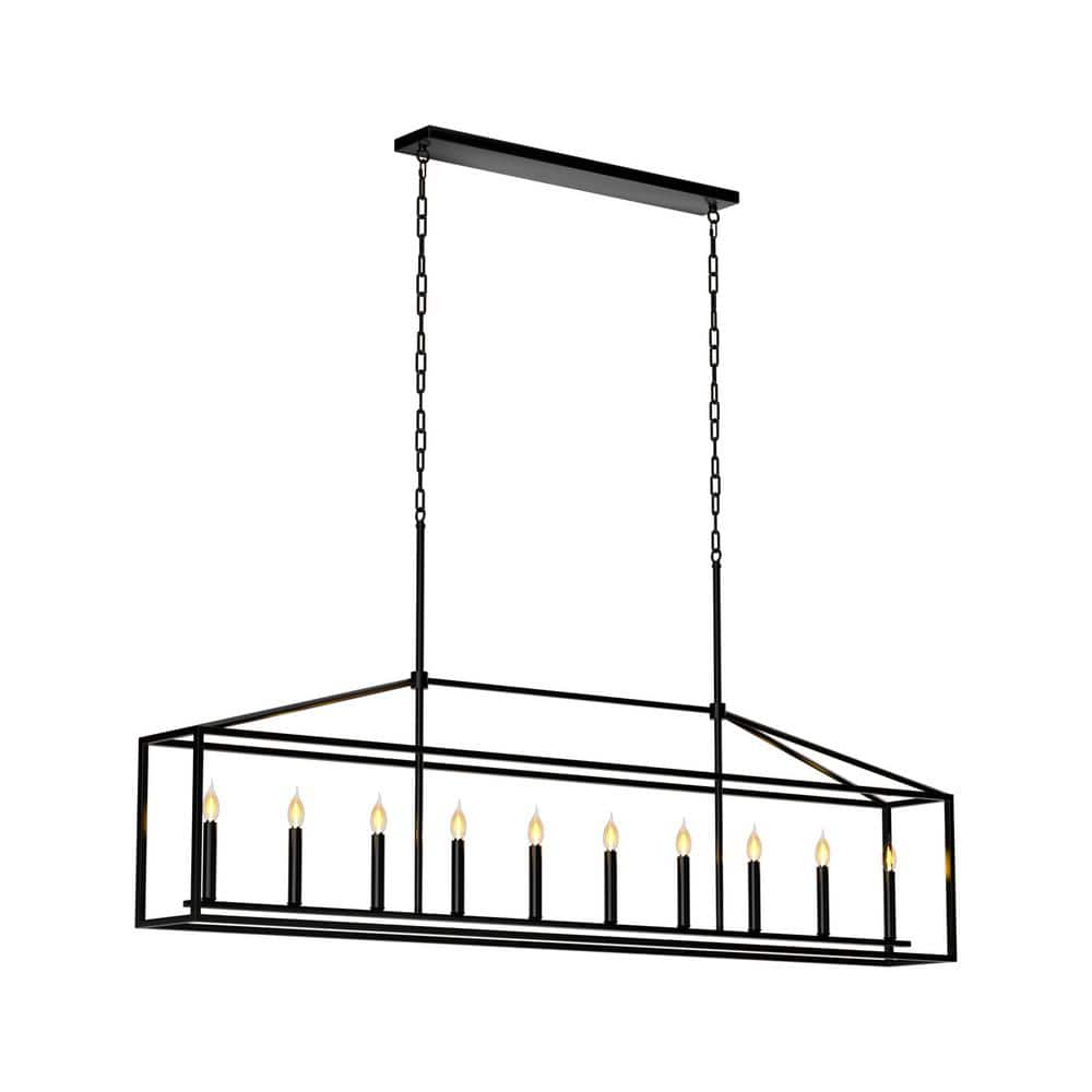 10-Light Farmhouse Chandelier Candle Rectangle Pendant Light Modern Black L