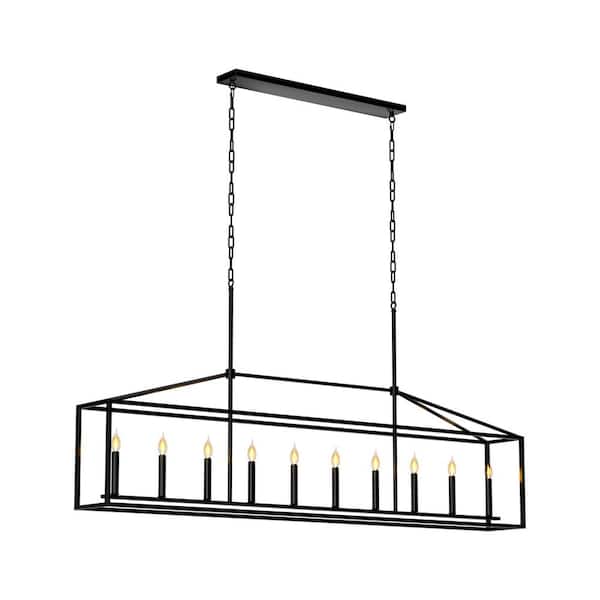 10-Light Farmhouse Chandelier Candle Rectangle Pendant Light Modern Black Linear Chandeliers for Kitchen Island