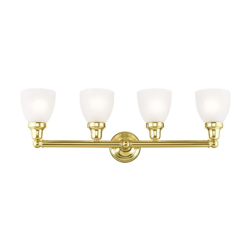Elegant Polished Brass 4-Light Vanity with Satin Opal White Glass