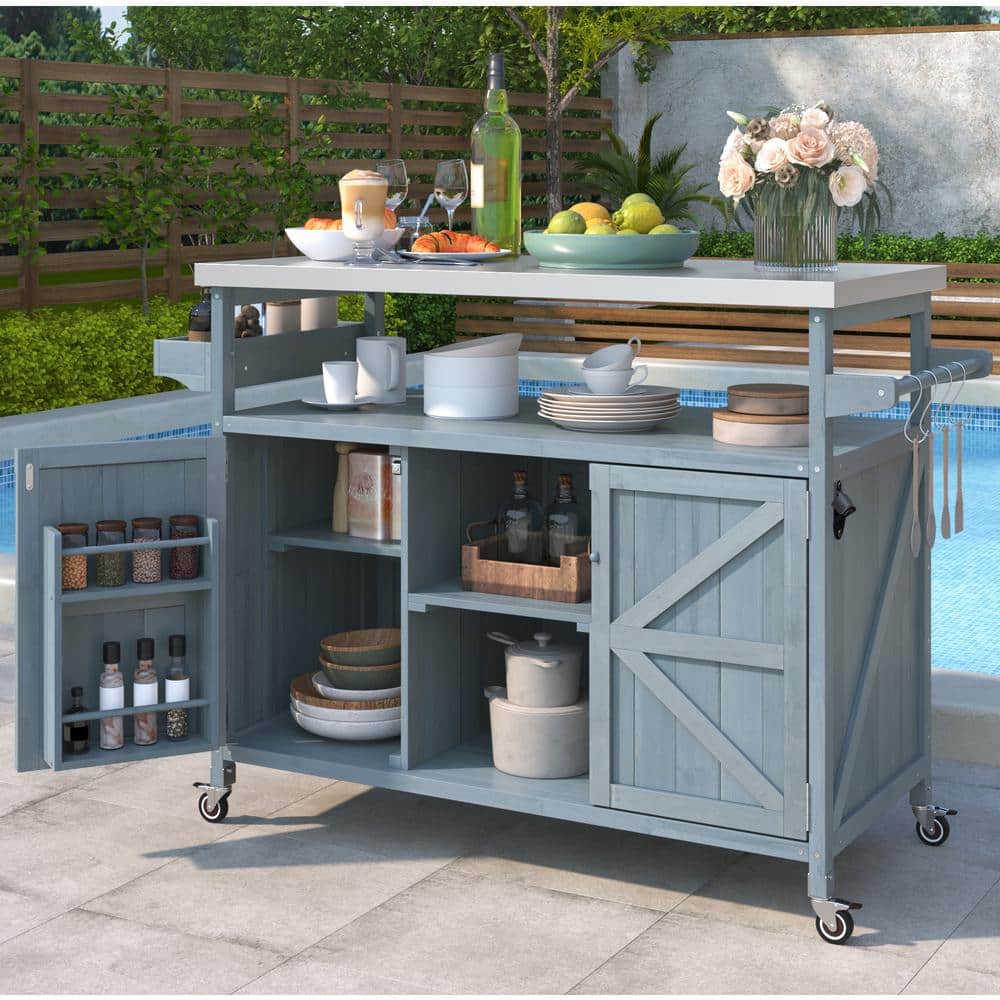 Grey Blue Stainless Steel Top 50.25 in. Outdoor Kitchen Island with Cabinet
