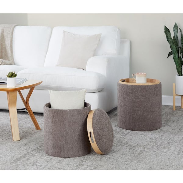 Lumisource Tray Brown Fabric and Natural Wood Nesting Ottoman Set