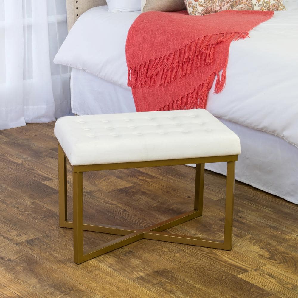 Luxurious Beige Velvet Tufted Ottoman with Gold Metal Base