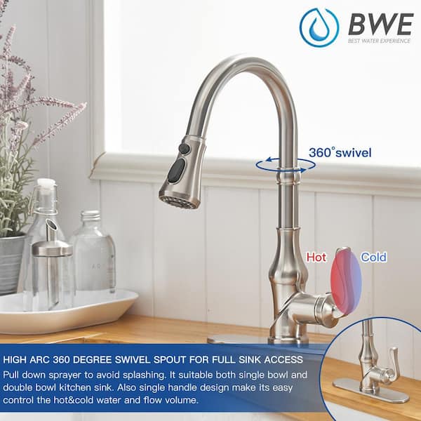 Single Handle 3 Spray High Arc Pull Down Sprayer Kitchen Faucet With Deck Plate in Brushed Nickel