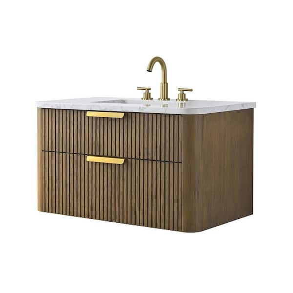 Warren 36 in. W Floating Bath Vanity in Aged Oak, Engineered Stone Top in Arabescato and White Sink