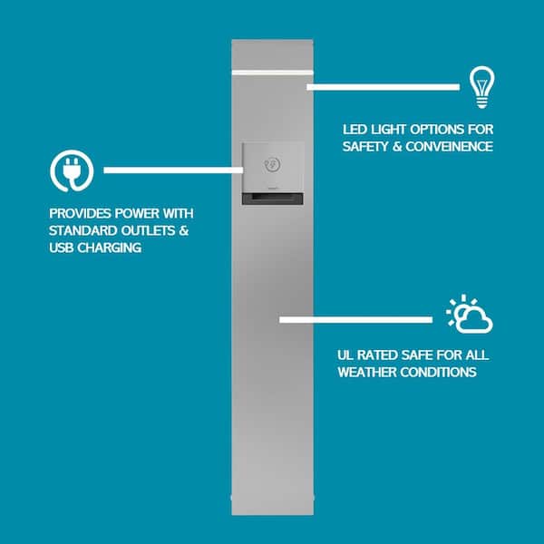 Wiremold Outdoor Weatherproof Charging Station 2-Gang, 1 GFCI Outlet and 1 4-Port USB Outlet plus Accent Light, Silver