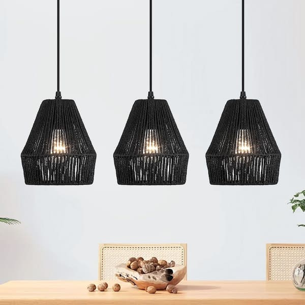 LWYTJO Mini 1-Light Black Finish Boho Hand-woven Natural Rattan Pendant with BlackGeometric Shade for kitchan Island (Set of 3)