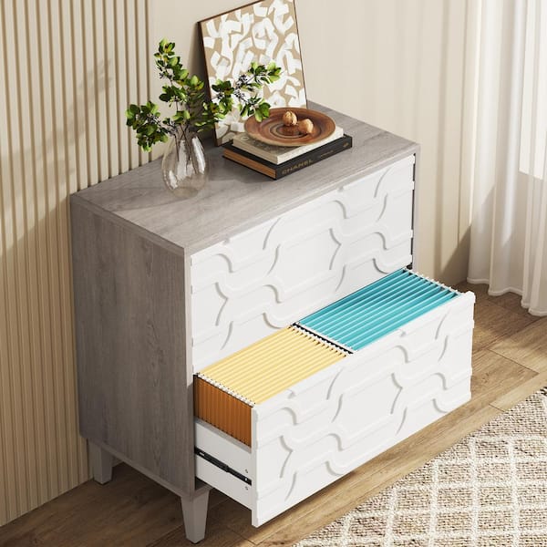 Cindy 2-Drawer White Gray Wood 31.5 in. W Lateral File Cabinet A4/Letter/Legal Size 15.75 in. Hx31. 5 in. D