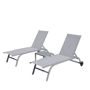 Gray 3-Piece Metal Outdoor Chaise Lounge Chairs with Wheels and 5 Position Adjustable Backrest (2 Chairs and 1 Table)