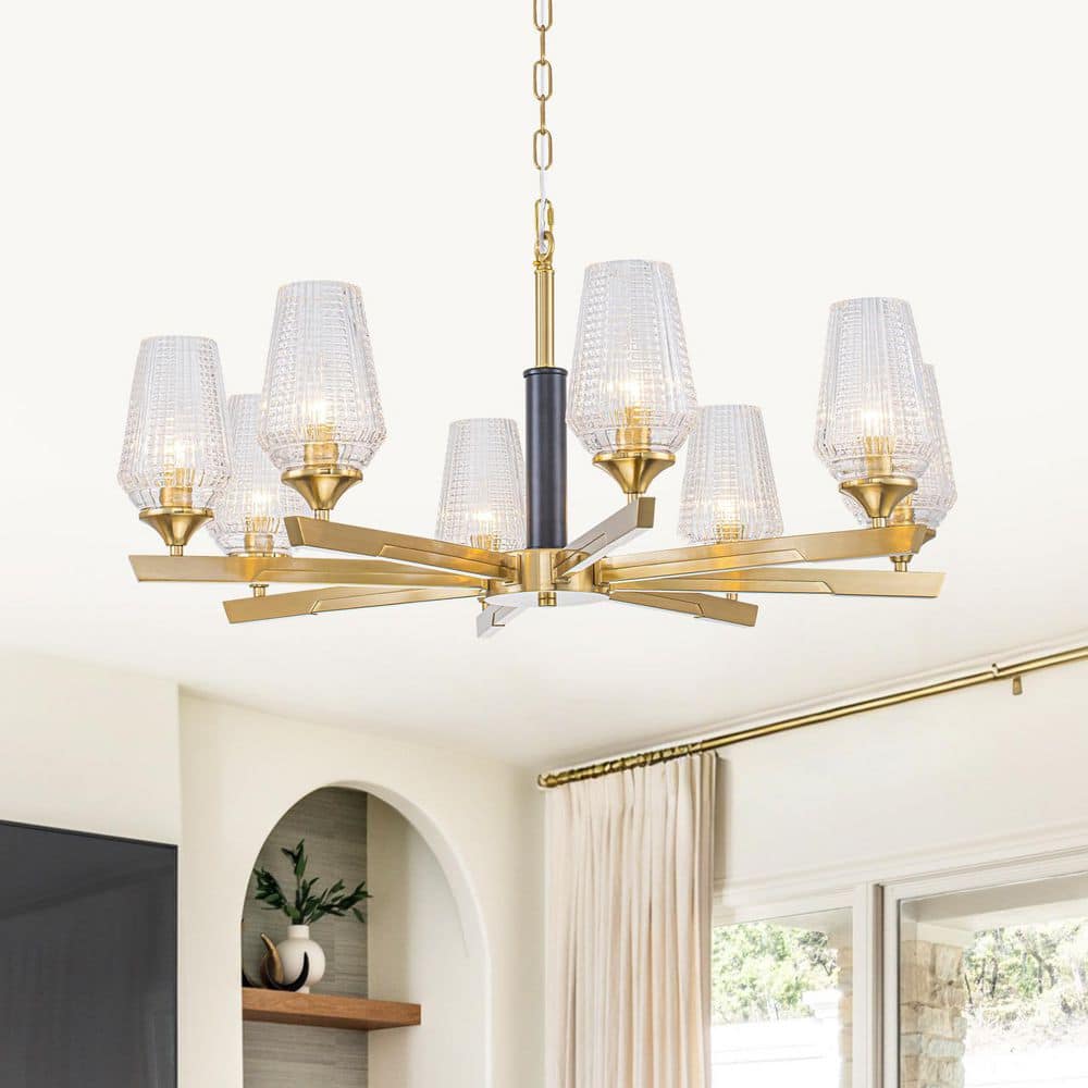 31.5 in. 8-Light Modern Gold Chandelier with Textured Clear Glass Shades, Adjustable Dining Room Pendant Light price history on PriceWatchPro